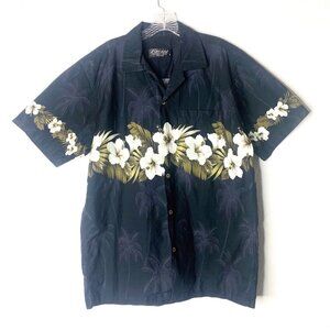 Favant Men's L Aloha Shirt Hawaiian Floral Palm Trees 100% Cotton Black/White